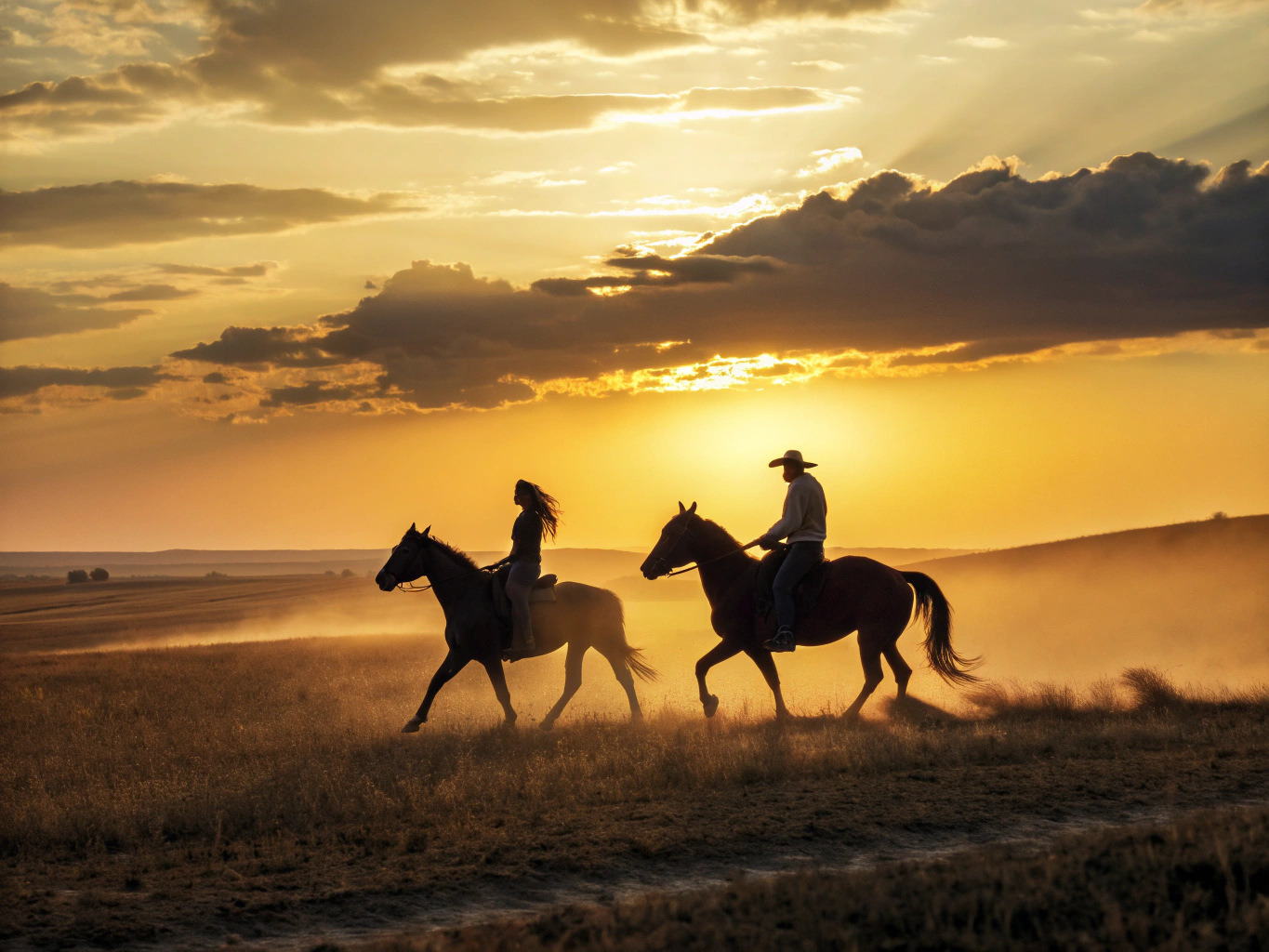 Happy couple riding horses through desert trails