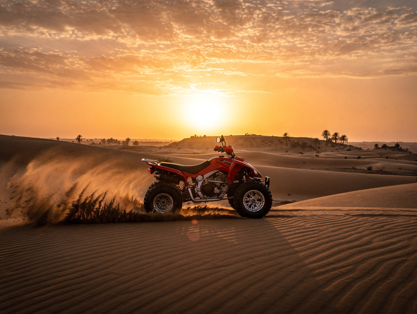 Modern quad bike kicking up golden sand on an open desert dune safari