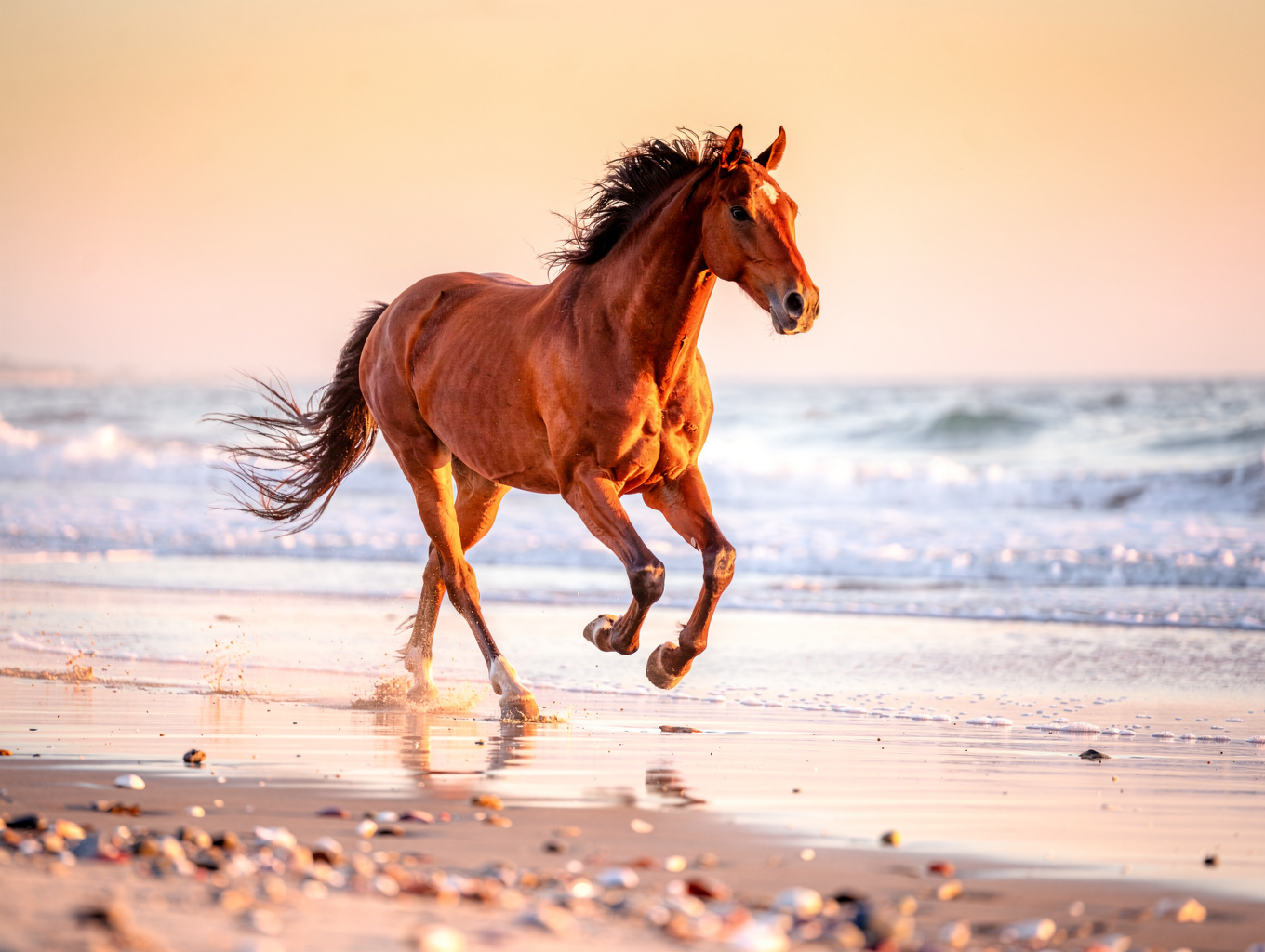 Arabian horses splashing along the shallow Red Sea shoreline at sunny midday