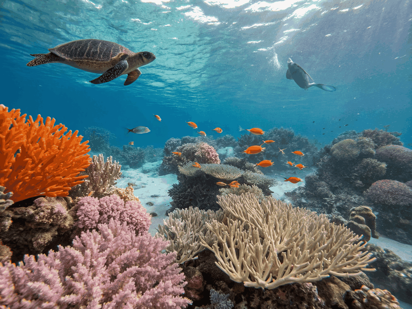 Snorkelers exploring coral reefs in crystal-clear turquoise waters during a seatrip