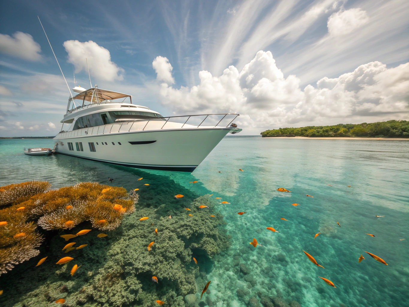Leisure boat anchored near crystal clear turquoise waters of Hula Hula Island